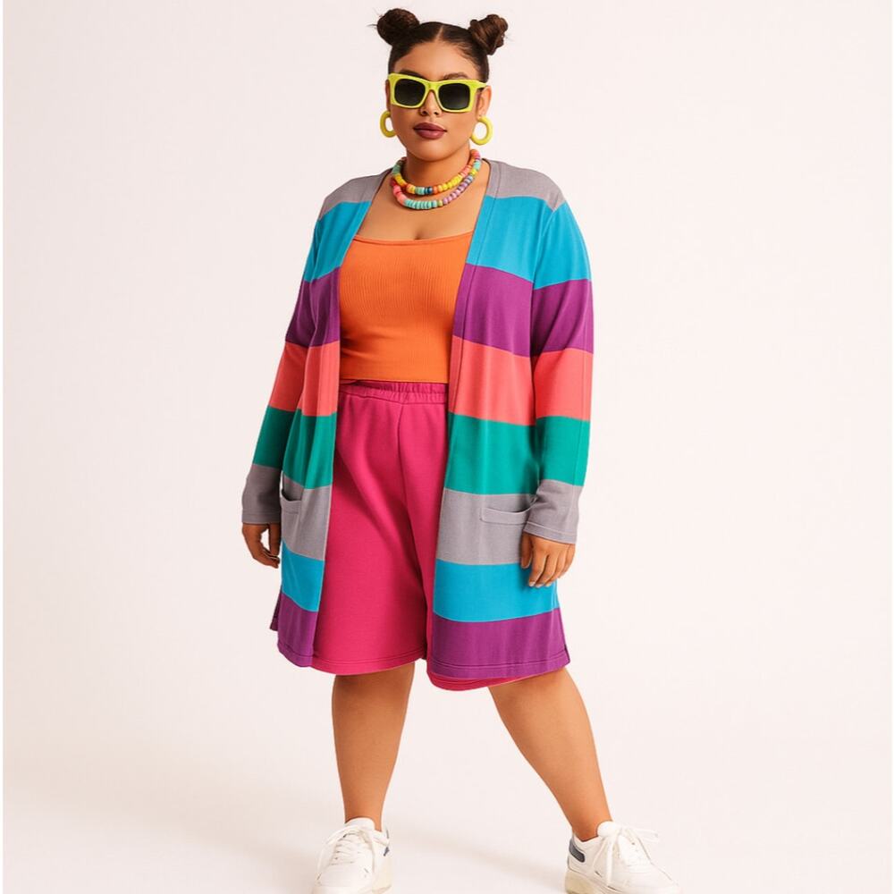 KENZO Silk Cotton Striped Longline Cardigan Streetwear Multicolor Sz M {3C41}